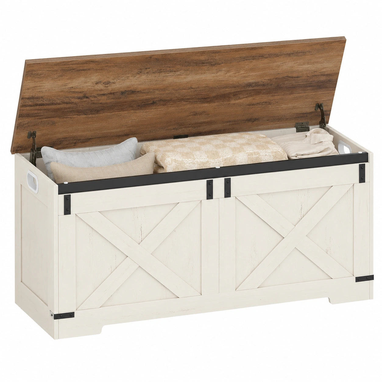 Rustikale Schuhbank mit Stauraum, Sitztruhe, Scheunenstil, 2 stabile Scharniere, 40 x 109 x 48,5 cm, für Flur und Schlafzimmer, Weiß-Braun