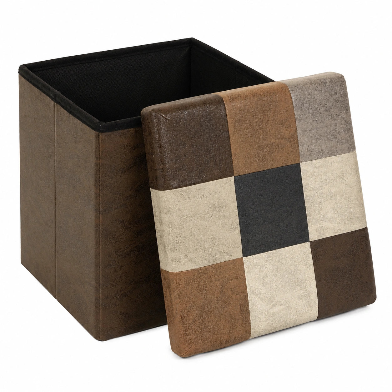 Faltbare Patchwork-Pouf-Truhe mit PU-Leder, 38 cm, Braun, Sitzbank und Stauraum