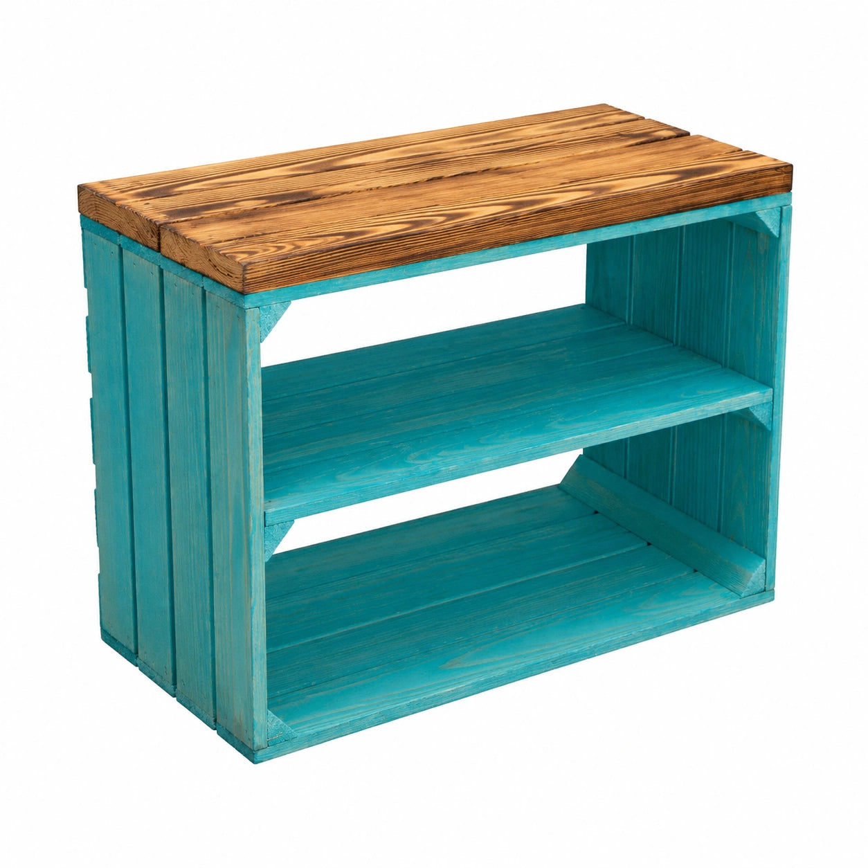 Kistenkolli Altes Land Sitztruhe Johanna aus massiven Holz, vielseitige Schuhablage, Hocker und Regal, Türkis/Geflammt, 50 x 30 x 43 cm