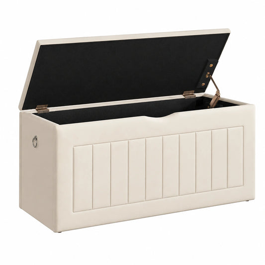 HOOBRO Samt Sitzbank mit Stauraum, Truhenbank 100x40x45 cm, Polstertruhe für Flur und Wohnzimmer, Beige