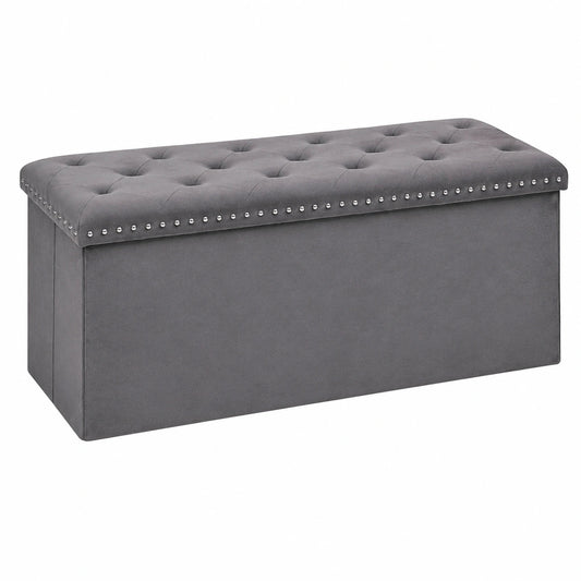 PINPLUS Samt-Sitzbank mit Stauraum, Faltbare Truhe für Wohn- und Schlafbereich, 110x40x40 cm, Grau