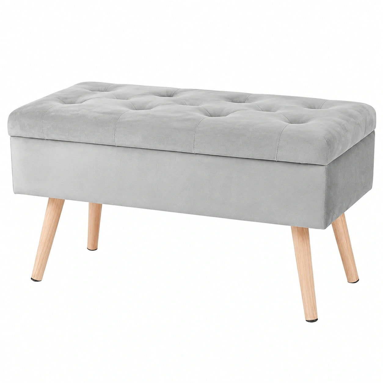 Samt Sitzbank mit Stauraum und Holzbeinen, 80x35x43 cm, Grau