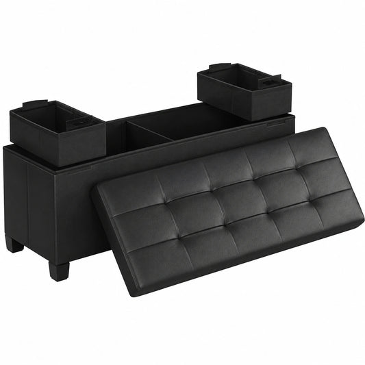 SONGMICS Schwarzer Stauraumhocker, klappbar, 38 x 110 x 40 cm, belastbar bis 300 kg, ideal für Wohnzimmer, Schlafzimmer und Flur
