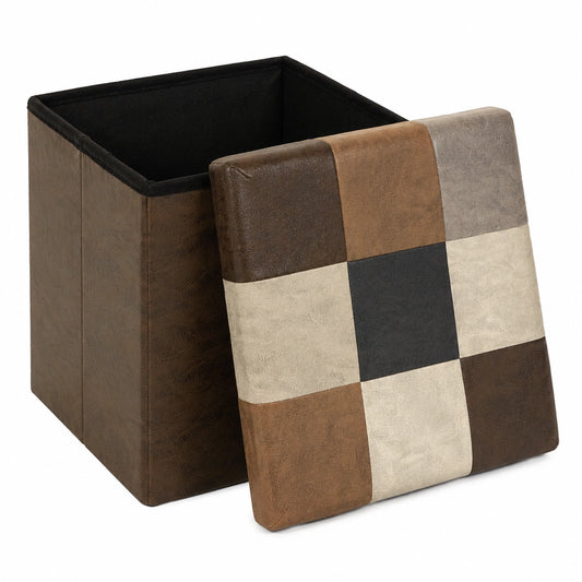 Faltbare Patchwork-Pouf-Truhe mit PU-Leder, 38 cm, Braun, Sitzbank und Stauraum
