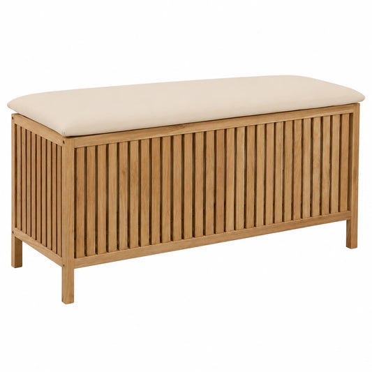 Relaxdays Wäschetruhe mit Sitzfunktion, großer Wäschesammler 100L, Bad-Hocker mit Stauraum, Hockertruhe in Holz/Stoff, Natur/Weiß, Größe: 50x100x38 cm